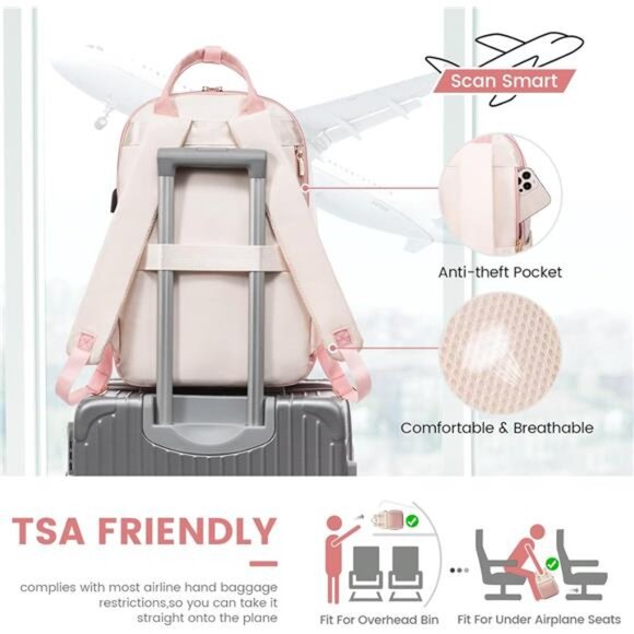 Laptop Backpack for Women 15.6 Inch, Pink - Picture 3 of 7